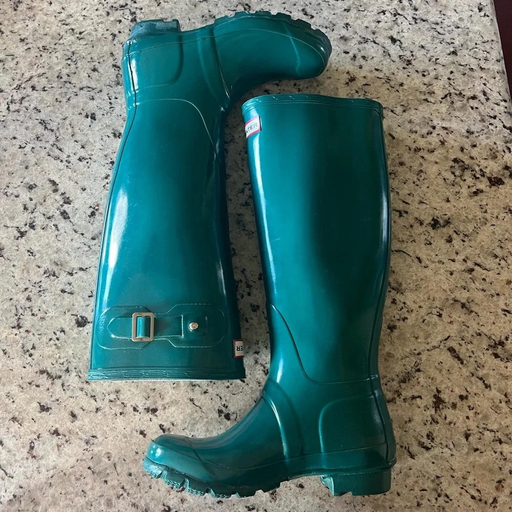 Hunter Original Tall Gloss Laguna Green Rain Boots - Picture 3 of 13